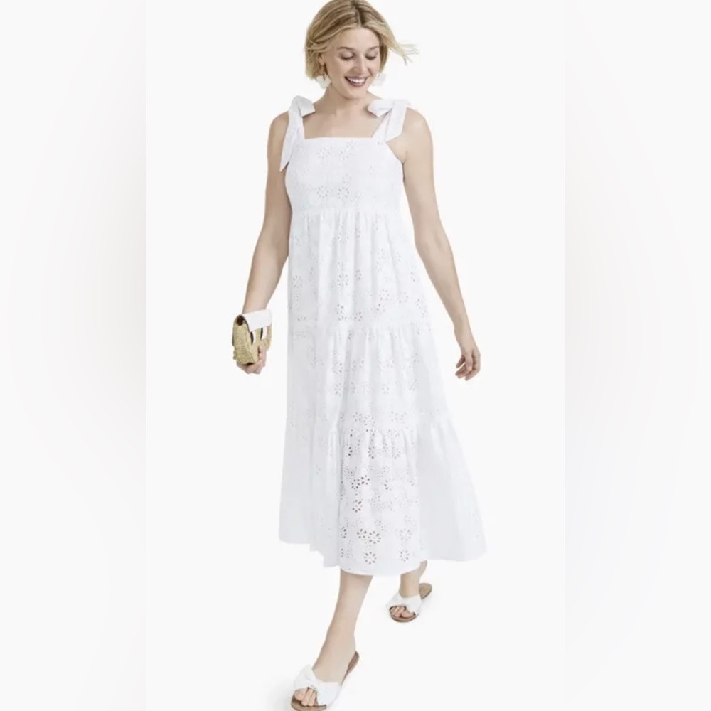 CHARTER CLUB • Tie-Sleeve Cotton Eyelet Midi Dress • Bright White